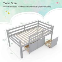 Costway Twin Size Low Loft Bed with 3 Drawers Ladder & Full-length Guardrails Storage - Grey - Left View