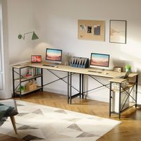 Bestier - L-Shaped Computer Desk with Storage Shelves - Light Oak - Left View
