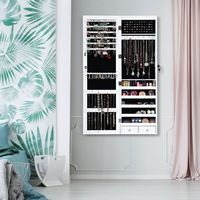 Costway - Wall Door Mounted Mirror Jewelry Cabinet Organizer w/LED Light - White - Left View