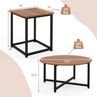 Costway 3 PCS Coffee Table Set Round Coffee Table and 2PCS Square End Tables Metal Frame Walnut -... - Left View