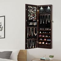 Costway - Wall Mount Mirrored Jewelry Cabinet Organizer LED Lights - Brown - Left View