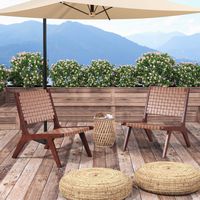 Costway Set of 2 Woven Leather Accent Chair Mid Century Rubber Wood Armless Side Chair - Brown - Left View