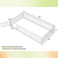 Costway Twin Size Floor Bed with Door & Fence with Safety Guardrails & Slats Support - White - Left View