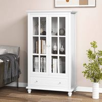 Costway - Bookcase Cabinet Storage Bookshelf Organizer Tempered Glass Doors Shelf Drawer - White - Left View