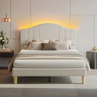 Pinmoco - Full Upholstered Platform Bed Frame with Adjustable LED Arc Headboard - Fabric Beige - Left View