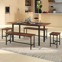 Costway 5 PCS Dining Table Set for 4-6 w/ 2 Benches & 2 Stools Metal Frame Dining Room - Walnut - Left View