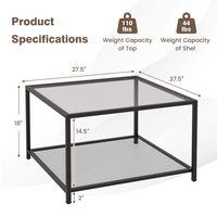 Costway Glass Coffee Table 27.5 Inch 2-Tier Square with Mesh Shelf Living Room Grey - Grey and Black - Left View