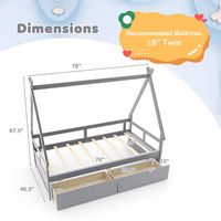 Costway Twin Size House Bed with Roof Safety Guardrail 2 Storage Drawers Wood Slat Support - Gray - Left View