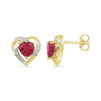 10k Yellow Gold Round Created Ruby Diamond Heart Earrings 3/8 Cttw