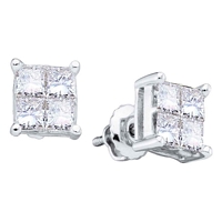14kt White  Gold Princess Diamond Square Cluster Stud Earrings 1.00 Cttw